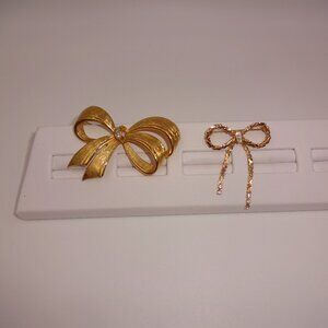 2 Vintage Avon Bows Brooches Gold Tone Scarf Pins Swirls Hearts Rhinestones